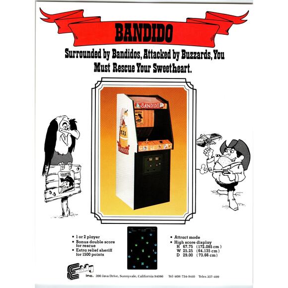 Bandido Exidy Arcade Game Flyer Original 1980 Vintage Retro Video 8.5" x 11" - Picture 1 of 2